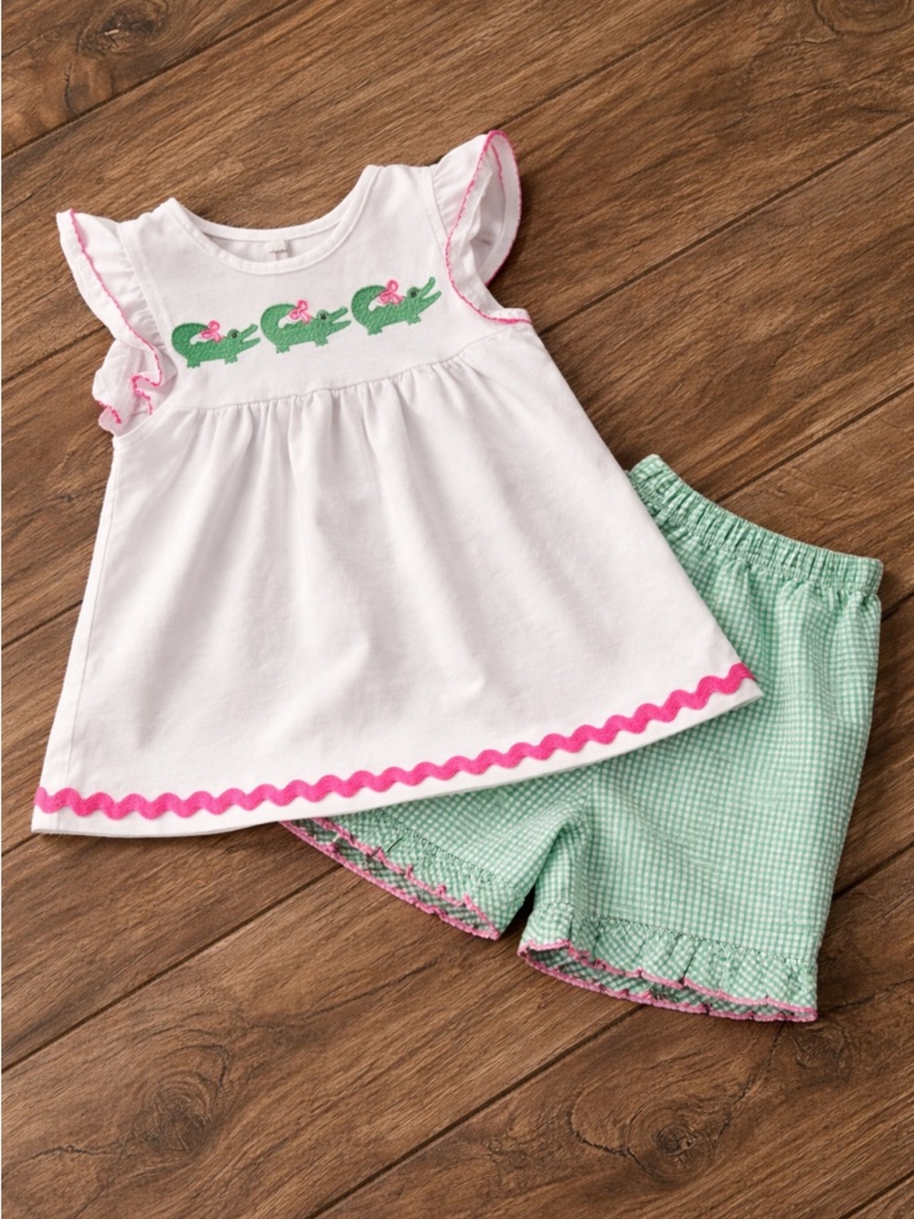 Girls Bailey Boys White & Mint Gingham Set with Pink Trim